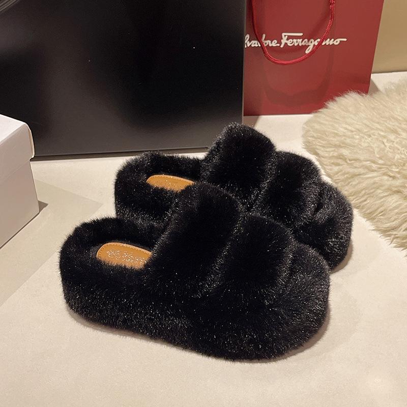 Muffin large size thick bottom height increase and fluffy slippers women wear autumn and winter fashion plush office home cotton mop