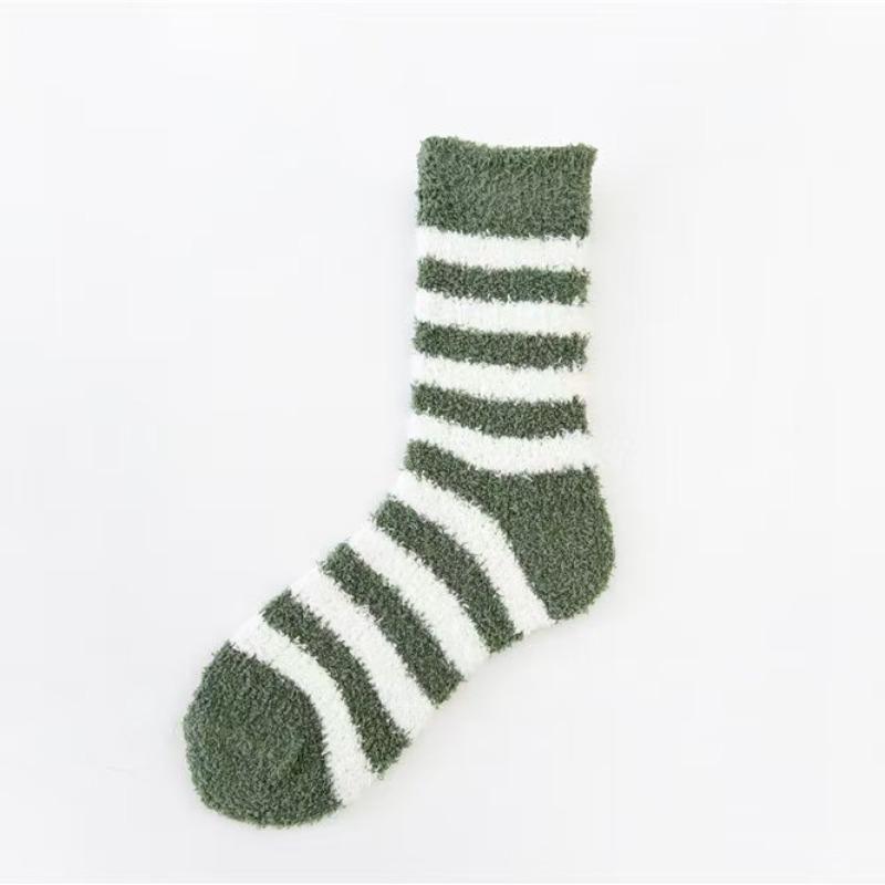 Autumn and winter women's striped coral fleece medium tube socks thickened thermal home floor socks women