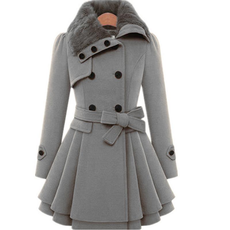 Winter Long Wool Coats Women Streetwear Double Breasted Collar Woolen Collar Lace Up Pleated Ruffle Jackets