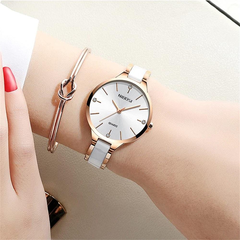 NIBOSI Women's Ceramic White Analog Wristwatch Waterproof Casual Business Fashion High-End Gift