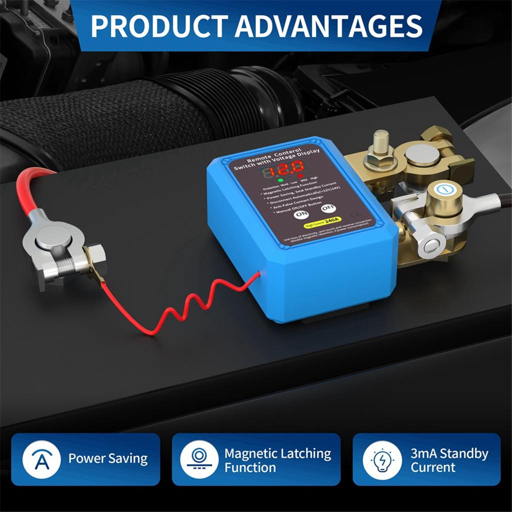 240A Switch 12V Remote Battery Disconnect Switch with Led Voltage Display Automatic Power Shut Off Switch for Auto