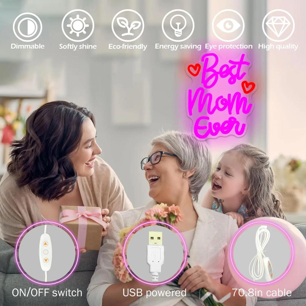 Mothers Day Neon Sign Best Mom Ever Led Dimmable Happy Mothers Day Best Mom Ever Gifts for Birthday Mother'S Day Decorations