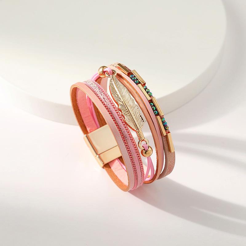 Bohemian Style Multi-layer PU Leather Bracelet Women's Leaf Magnet Buckle Jewelry Accessories