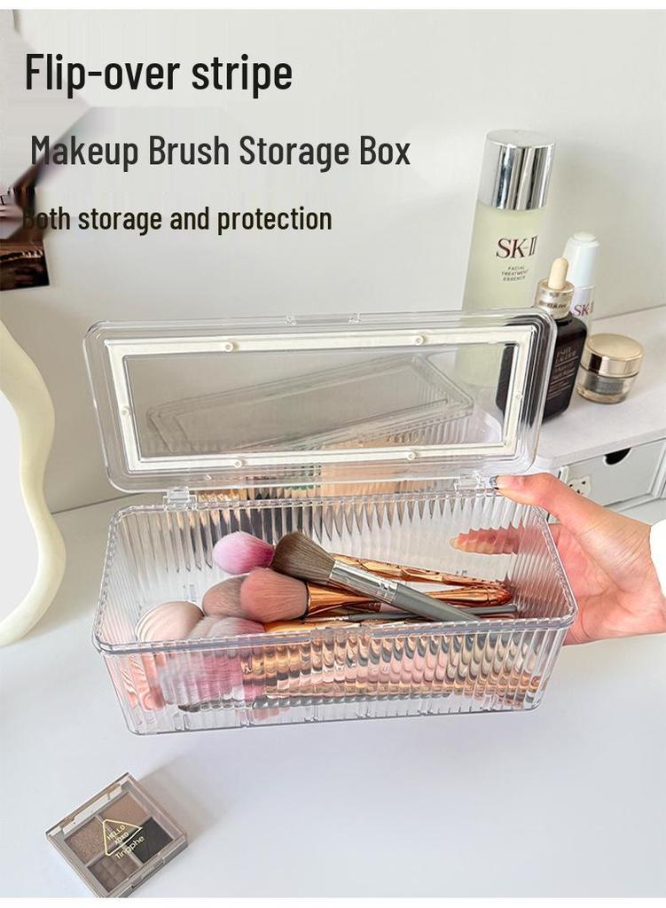Transparent Dustproof Makeup Brush Storage Box with Lid - Large Capacity Vanity Organizer