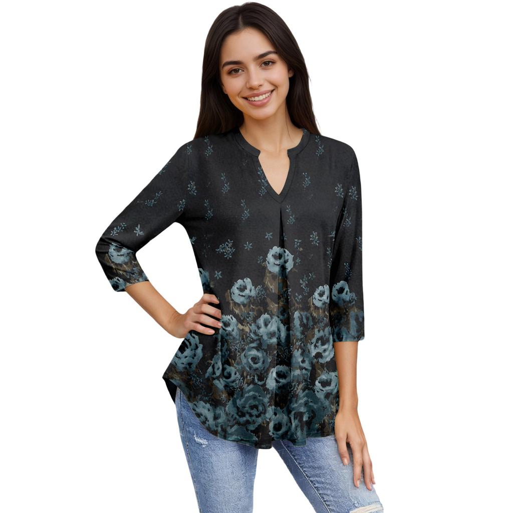 Damen Mode Lässiges Dreiviertelarm T-Shirt Bedrucktes V-Ausschnitt Top