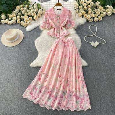 Elegant 2 Piece Set Women Summer Spring Floral Print Embroidery Prom Evening Party Long Dress Suits Crop Top Skirts Suits