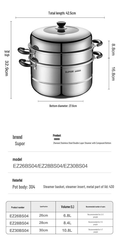 Supor Multi-Layer 304 Stainless Steel Steamer Pot with Basket & Universal Soup Pot
