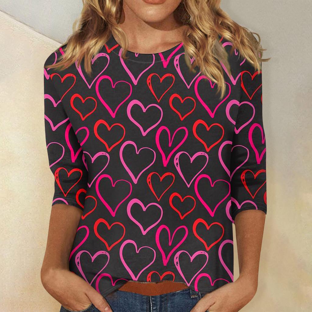 Women's Tops Three-quarter Sleeve Valentine's Day Shirt Round Neck Loose Casual Shirt