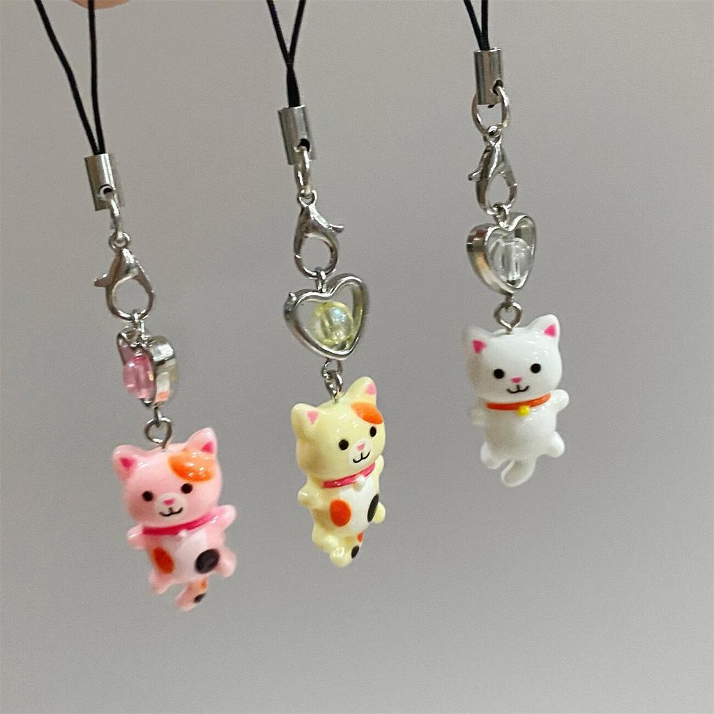 s 1 Piece Cute Cat Love Heart Mobile Phone Charms Fashion Beads Girls Keychains Lanyard for Keys Bag Decorations Strap