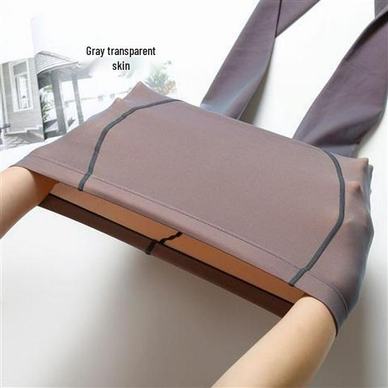 Plus Size Grey Sheer Seamless Leggings: Nude-Look Flight Attendant Style Stockings for Women, Spring & Autumn.