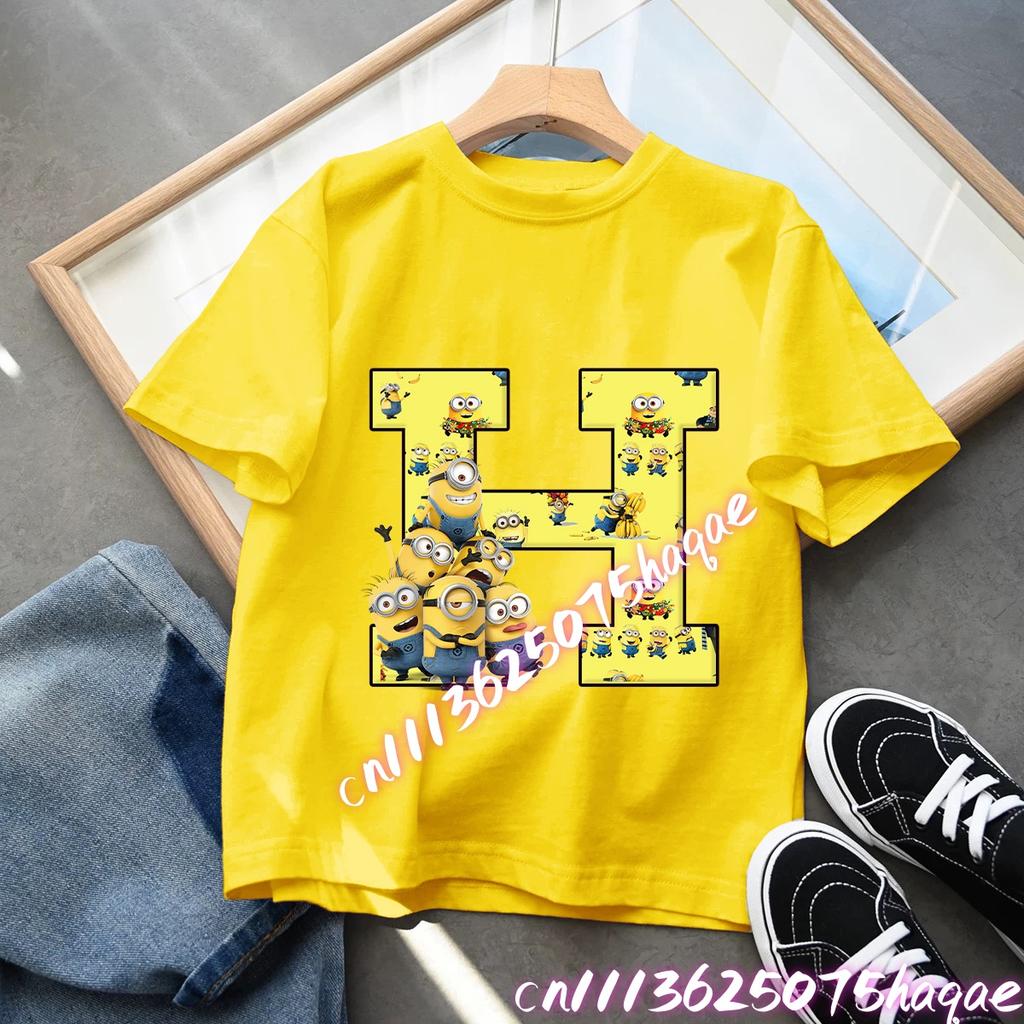 2026 Minions Letters AZ Tshirt Female Funny 26 Capital Print Tshirt Gothic Kawaii Neck Tops Summer Kawaii Gift Tops Boys