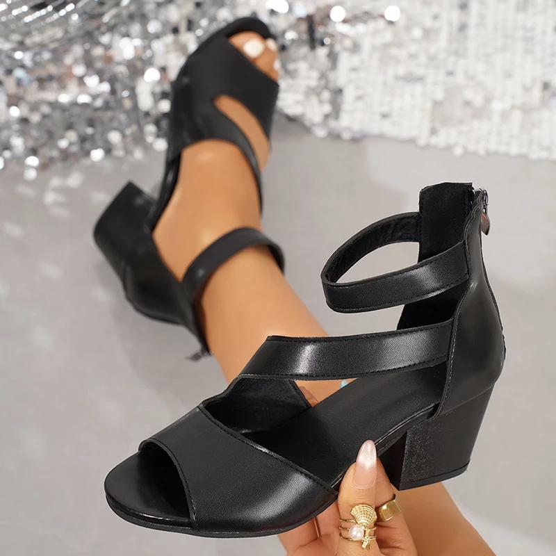 Fashion 2025Roman Style Thick Heel High Heels Women's Sandals Outdoor Wear Fish Mouth Toe Exposure Large Size  Shoes Synthetic Inner