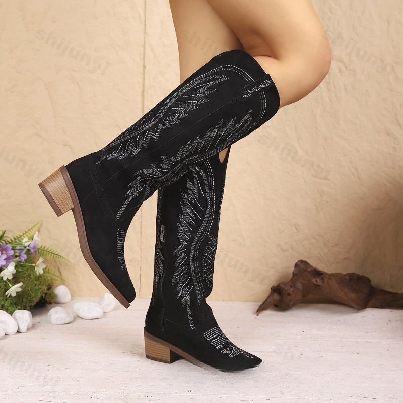 Fashion Women Boots 2025 Autumn New Embroidered Western Cowboy Boots Round Toe Thick Heel High Knee Boots Woman Long Botas Para Mujer