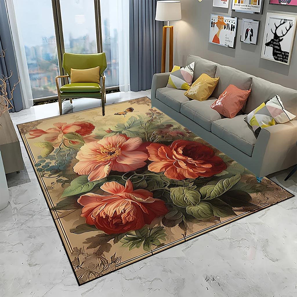 Chinese Peony Printed Rug Non-Slip Washable Polyester Mat, Floral Decor for Bedroom,Living Room, Garden, Camping Indoor/Outdoor