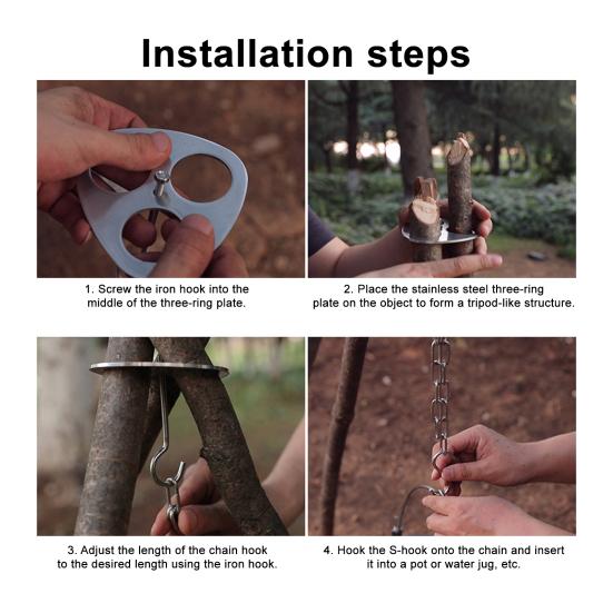Portable Picnic Tripod Stand Stainless Steel Camping Tripod Lashing Set with Hooks Chain Hanging Pot Rack