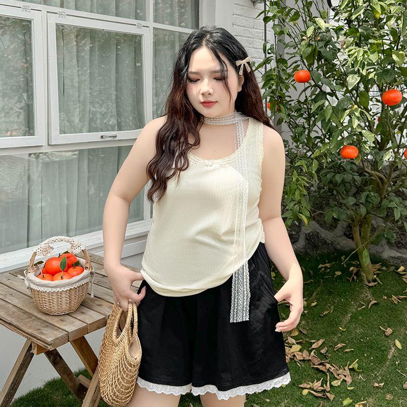 

Plus size women clothing [Korean Series Lace Small Sling] Lace Bow Patchwork Vest Summer Classic All-Matching Top Cream apricot 7xl