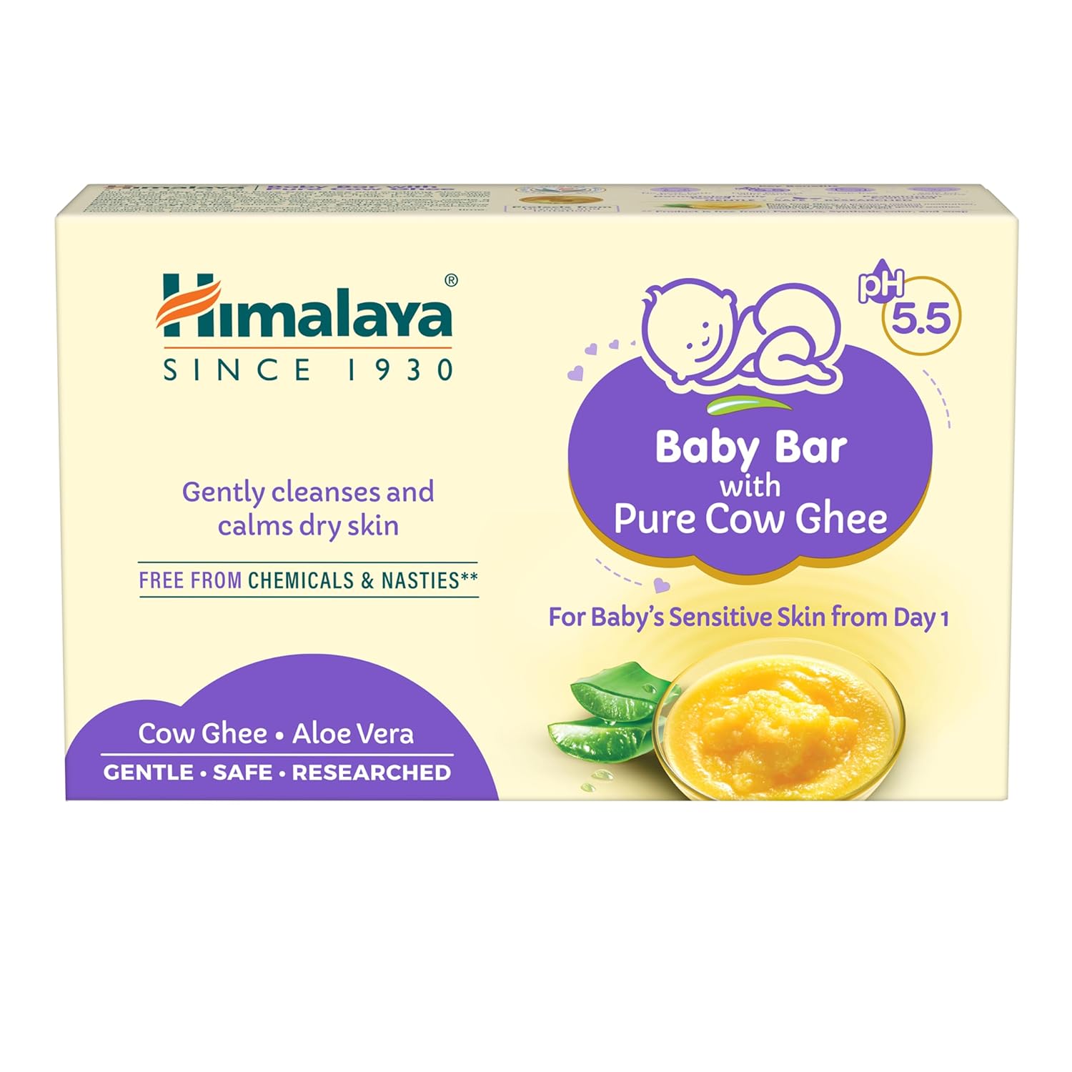 

Himalaya Baby Bar with Pure Cow Ghee and Aloe Vera, Gentle Soap-Free Bar for Sensitive Newborn Skin, 125g Pack of 1