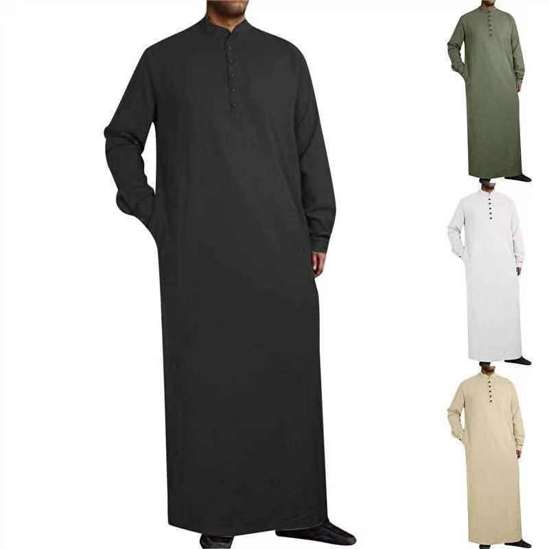 Men's Thobe Solid Color Long Sleeve Robe Men Stand Collar Button Down Islamic Kaftan Casual Middle East Arabic Traditional Long Muslim Dress