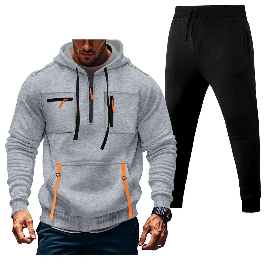 Men's Multi-Zipper Hoodie Sweatshirt & Sweatpants Set with Pockets