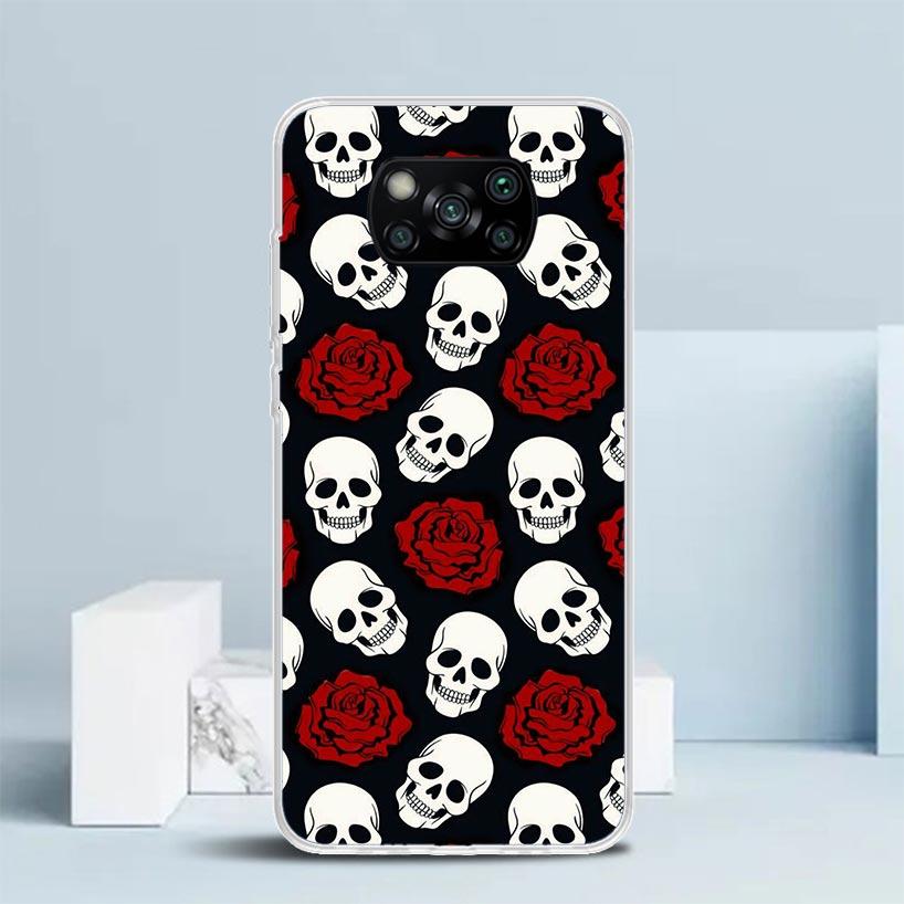 Human Skeleton Red Rose Phone Case For Xiaomi Poco F7 Ultra X5 X6 X7 Pro M7 Redmi 15C 15 13C 13 12C 12 10C 10 10A 9 9C 9A 9T Cov