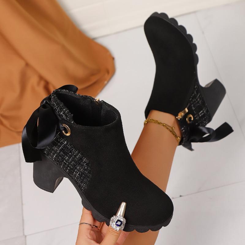 Spring Fall New Ribbon Bow Heel Shoes Women Block Heel Boots Women Round Toe Side Zipper Paneled Booties