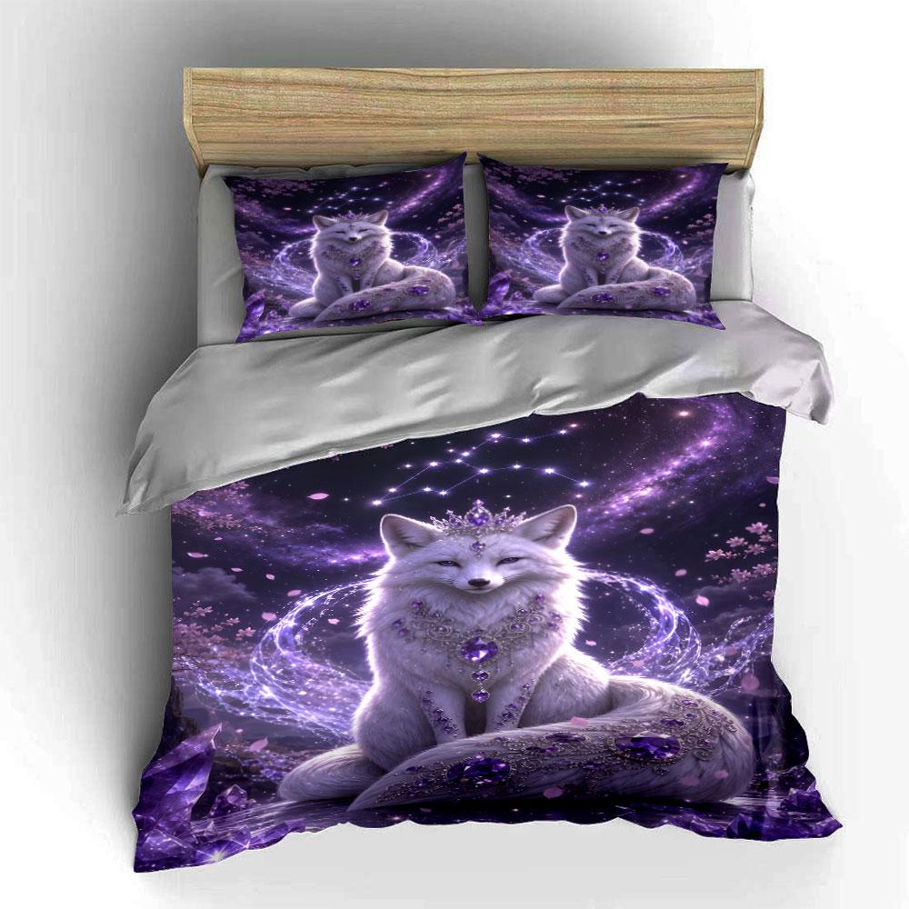 Ethereal Fox with Amethyst Crystals Bedding Duvet Cover Set (1*Duvet Cover 2*Pillowcases, Without Duvet Insert)