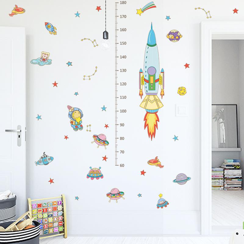 Cartoon Planets Rocket Height Chart Wall Sticker Self-Adhesive Removable for Kids Room Nursery Home Decor
