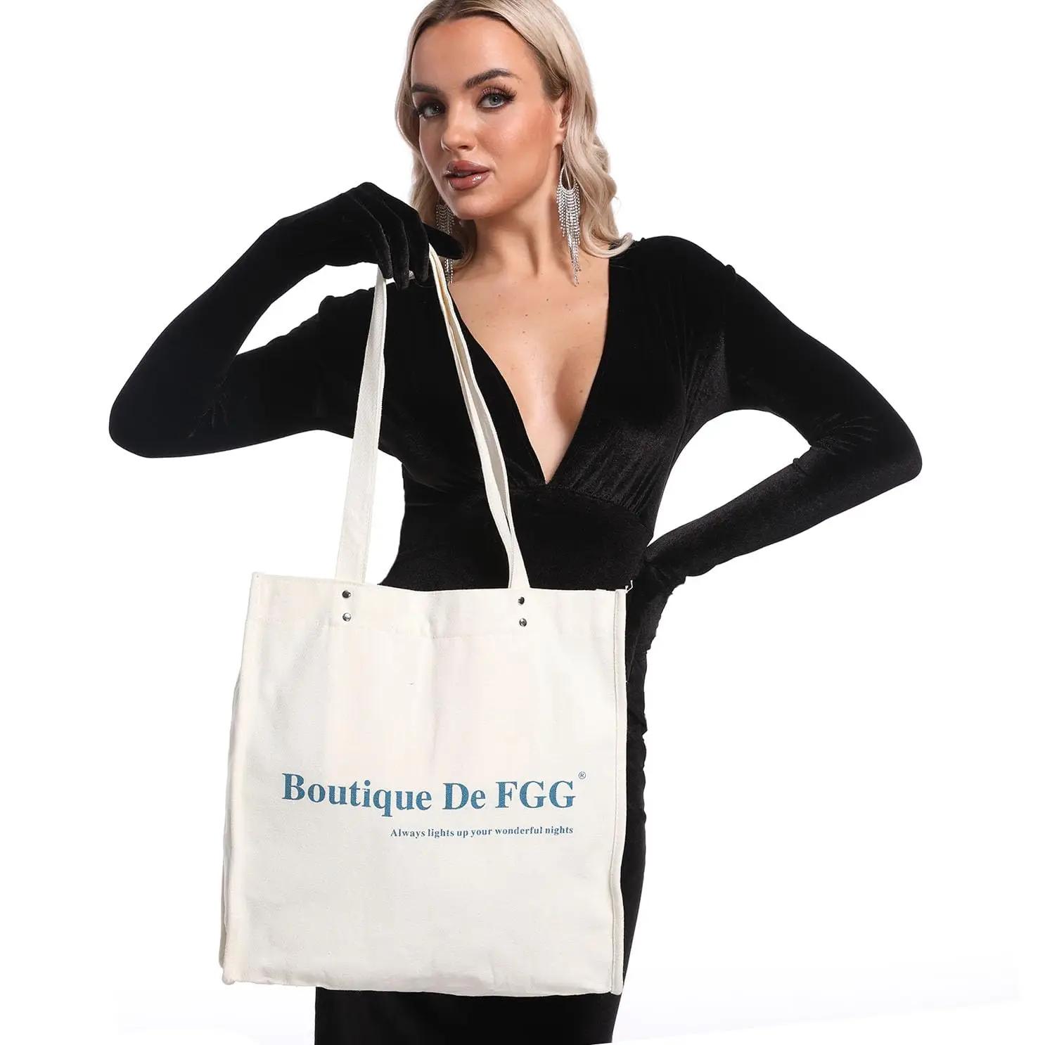 

Boutique De FGG Women s Thick Canvas Tote Bag - Fashionable Print Letters White Shopping Bag with Inside Phone Pocket M