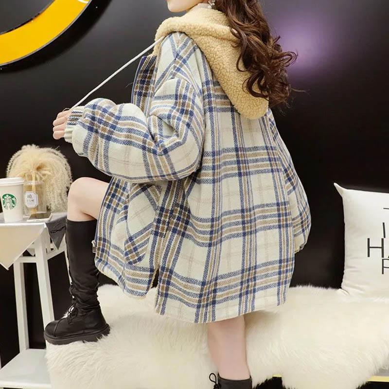 Jachetă Călduroasă Groasă Căptușită Femei Iarnă Casual Versatil Pulover cu Glugă Carouri Călduroasă Dublă Largă Topuri