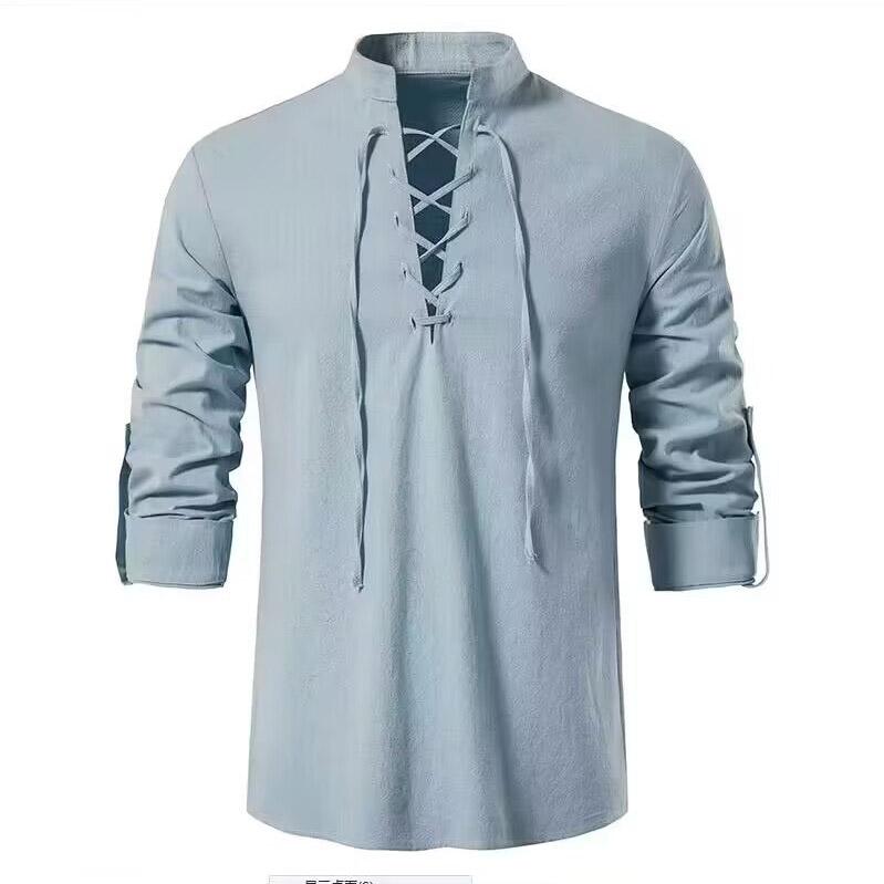 Men's Plus Size Cotton Henry Shirt Hippie Casual Long Sleeve Beach Stand Collar Shirt Man White Black Oversized Tops