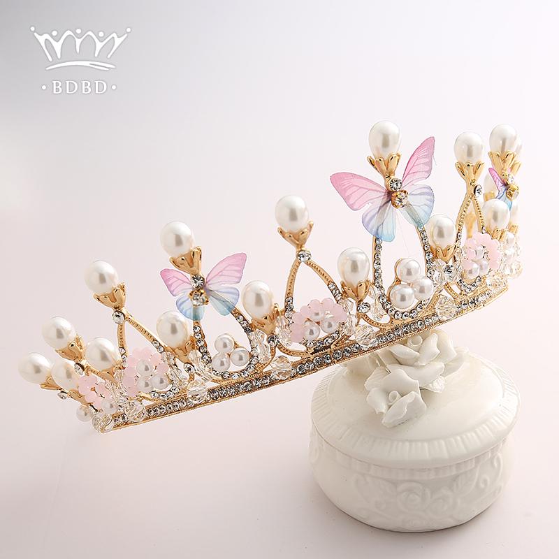 Goldfarbene Tiaras und Kronen Schmetterling Perlen Kristall Handgefertigt Kinderkrone Fotografie Party für Kinder Frauen Prinzessin Diademe