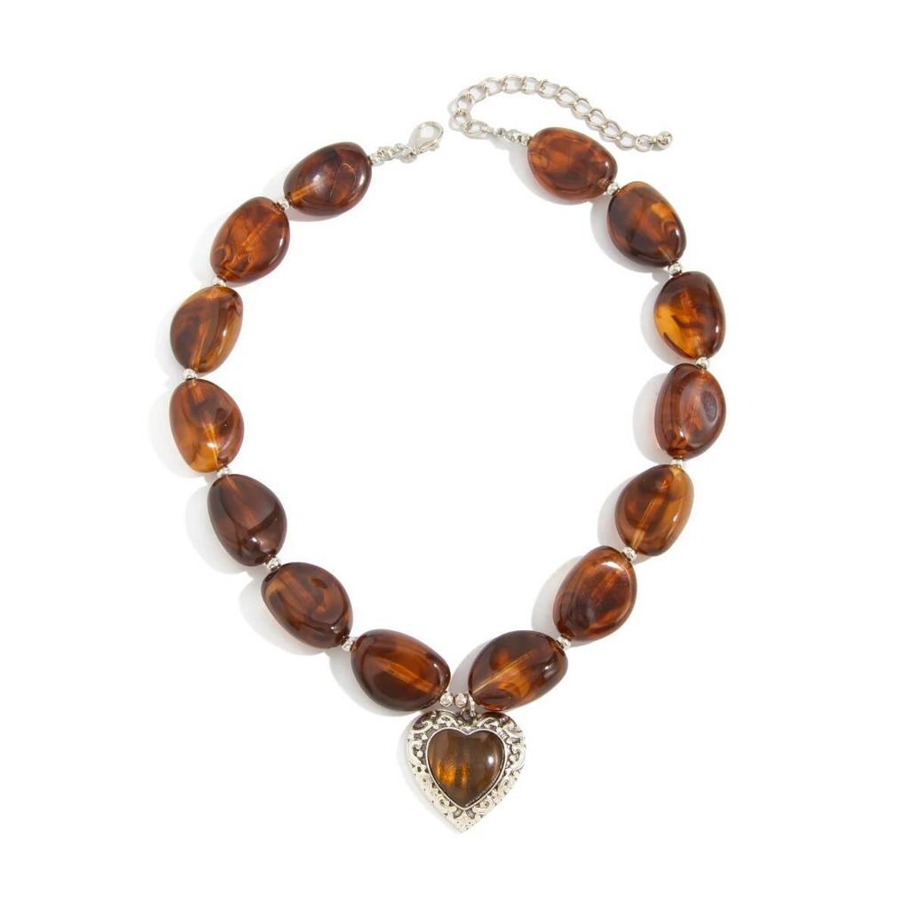 Salircon Vintage Amber Acrylic Round Bead Big Love Heart Pendant Necklace Women Handmade Resin Chain Choker Party Jewelry Gift