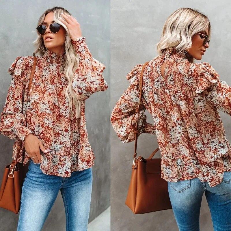 2023 Autumn Long Sleeve Pleated Loose Top Fashion Women High Collar Floral Print Blouse Korean Shirt Split Top Elegant 29595