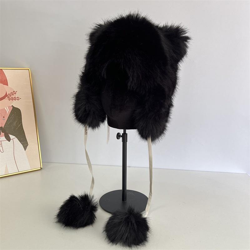 Cute bear-eared Lei Feng hat children's winter warm imitation mink hair ear protection hat cute tail tether hairball plush hat