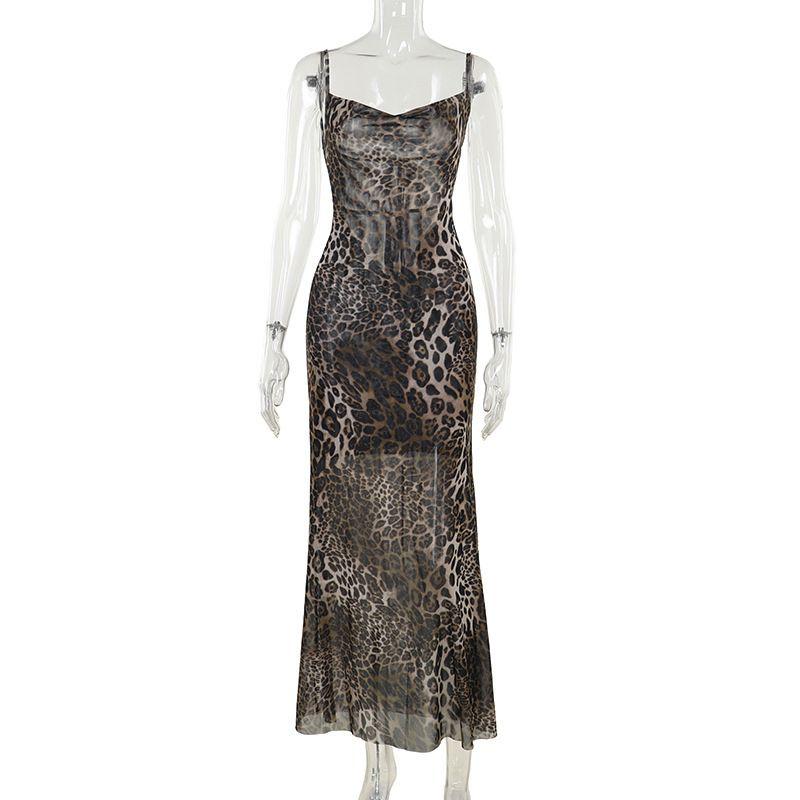 

Leopard Print Dress Sling Pockets Collar Sexy Backless Leopard dress Gyaru Slim fit Long dress Leopard print L