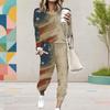 Women Plus Size Round Neck Long Sleeve Printed Two Piece Set Cuffed Top Cuffed Pants With Pockets