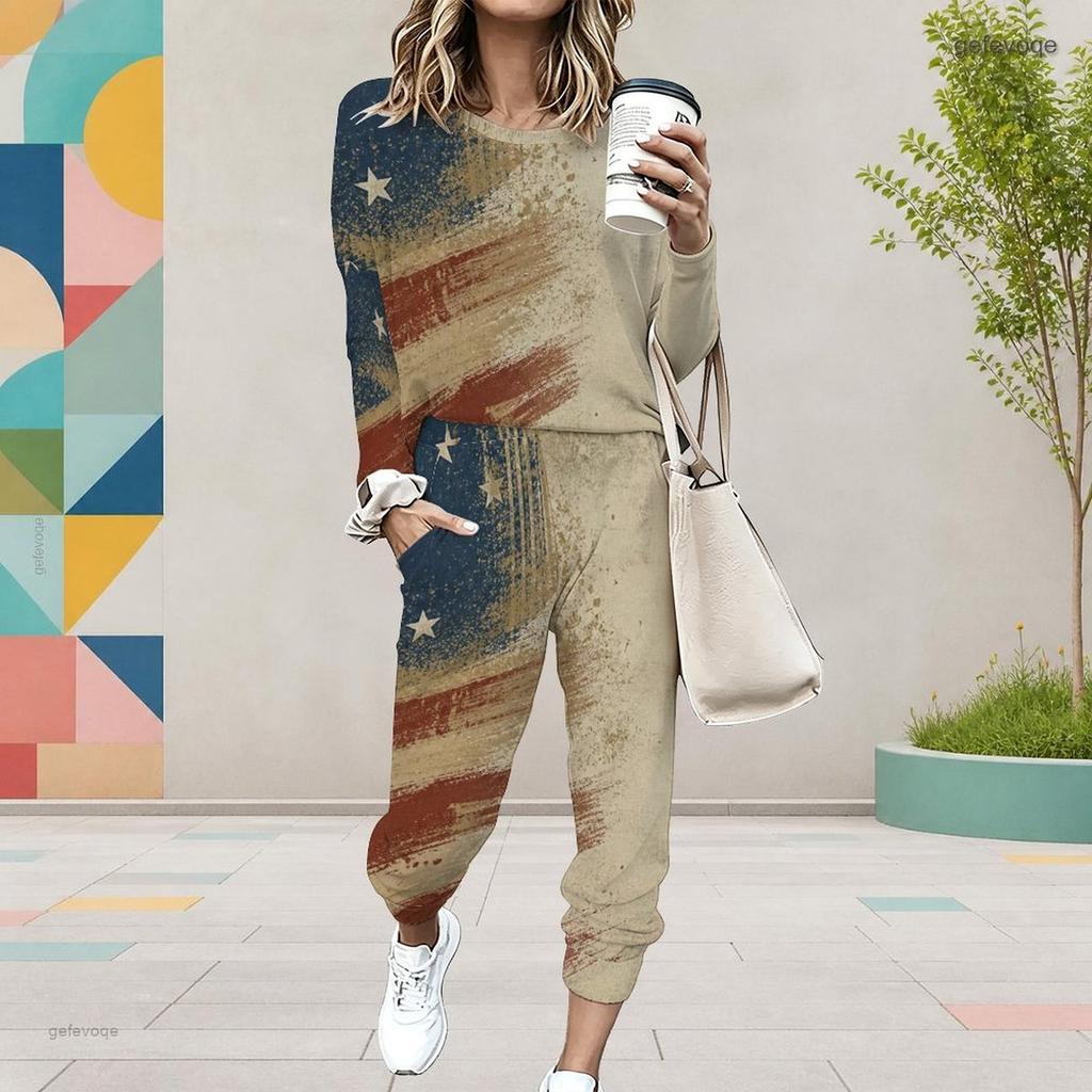 Women Plus Size Round Neck Long Sleeve Printed Two Piece Set Cuffed Top Cuffed Pants With Pockets