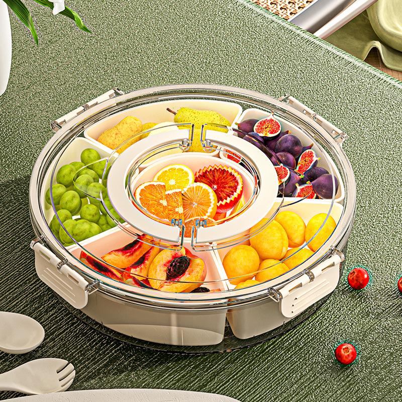 Rotating Snack Tray with Lid and Handle Multi-Compartment Fruit and Vegetable Serving Plate Durable Party Snack Storage Box
