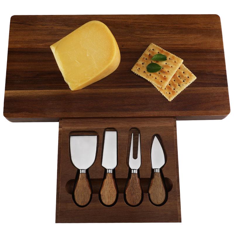 Square Acacia Wood Cheese Board & 4-Piece Stainless Steel Cheese Knife Set