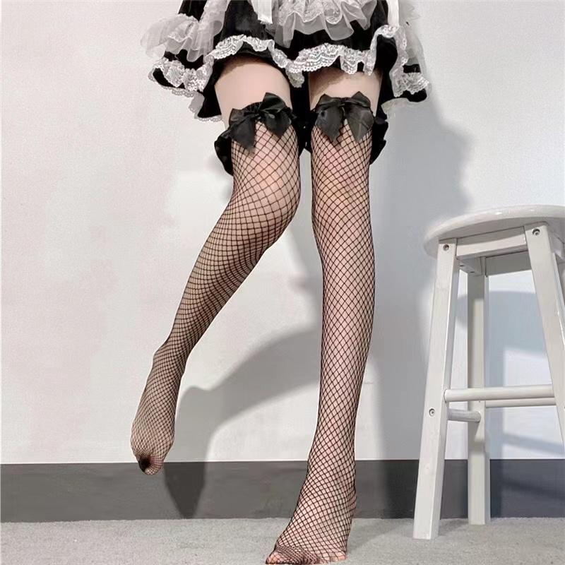Lolita Bowknot Thigh High Stockings Women Sweet Over Knee Socks Lace Mesh Legging Female Punk Hollow Fishnet Pantyhose Hosiery