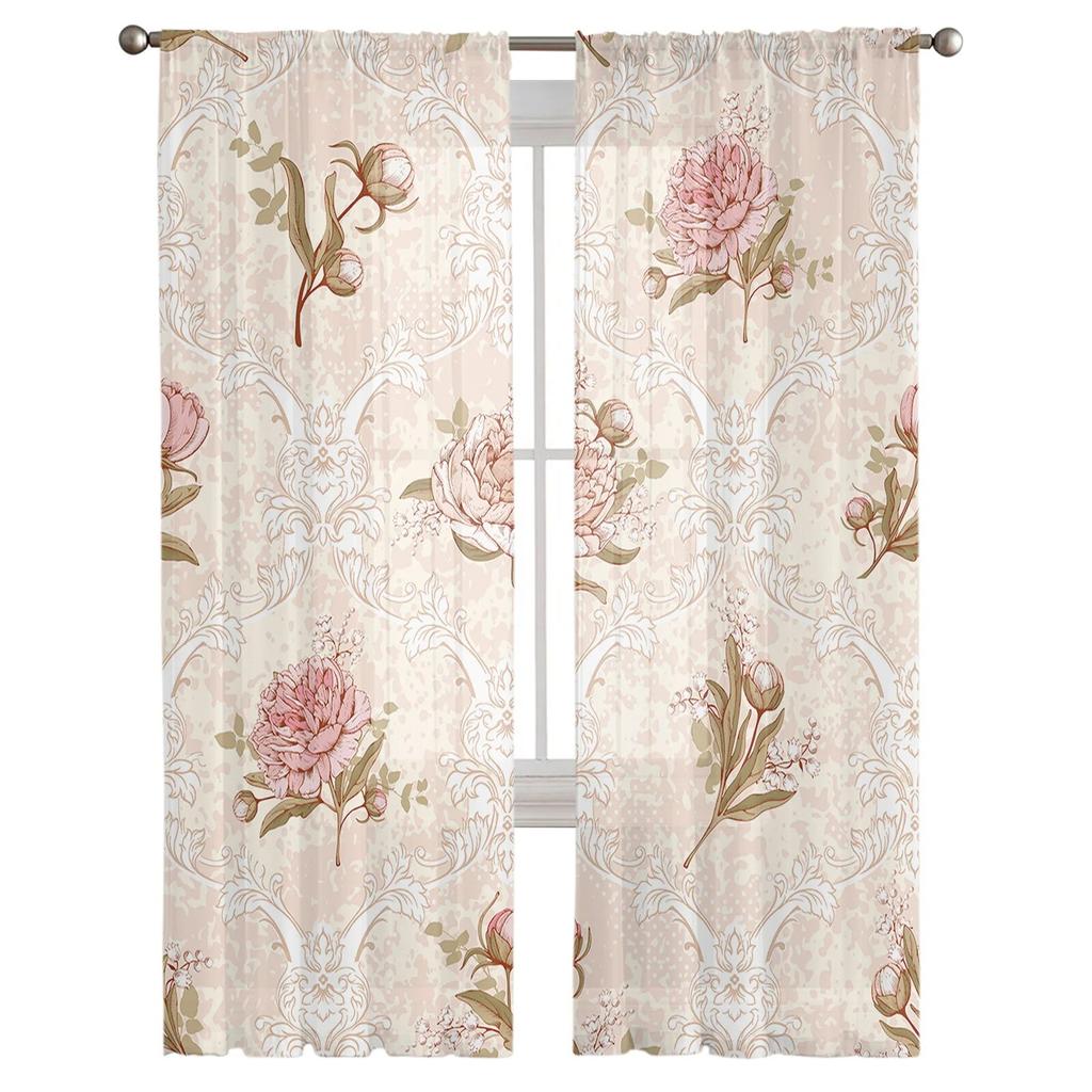 Dahlia Flower Leaves Retro Tulle Curtains For Living Room Bedroom Voile Sheer Curtain Window Home Decor Drapes