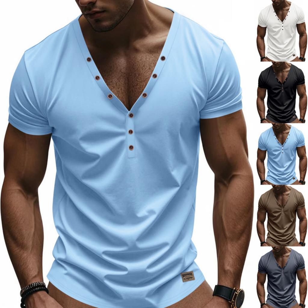 Maglietta Henley da Uomo a Maniche Corte con Scollo a V e Dettaglio Bottoni Vestibilità Slim Morbida Traspirante Maglietta Casual per l'Uso Quotidiano