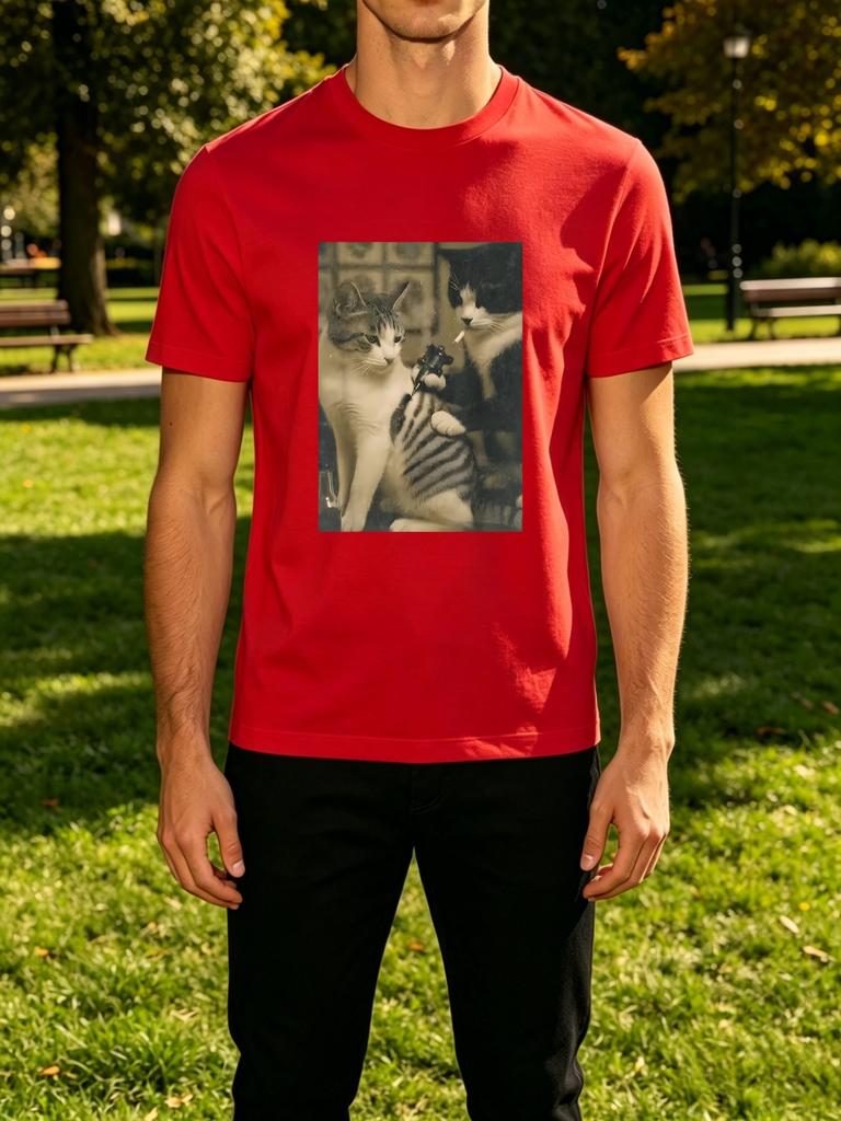 Unisexs Tee Retro Vintage Gangster Cats Gun And Cigarette Print Cotton Short Sleeve Male Streetwear Summer Daily Casual Outdoor Top