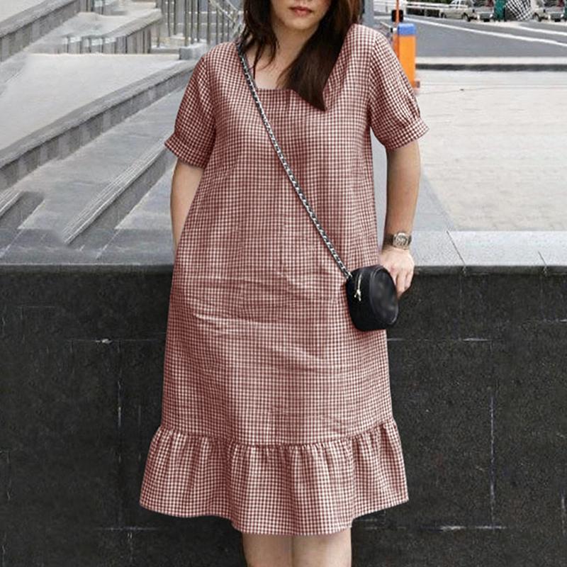 ZANZEA Women Casual Square Collar Short Sleeve Grid Print Dress