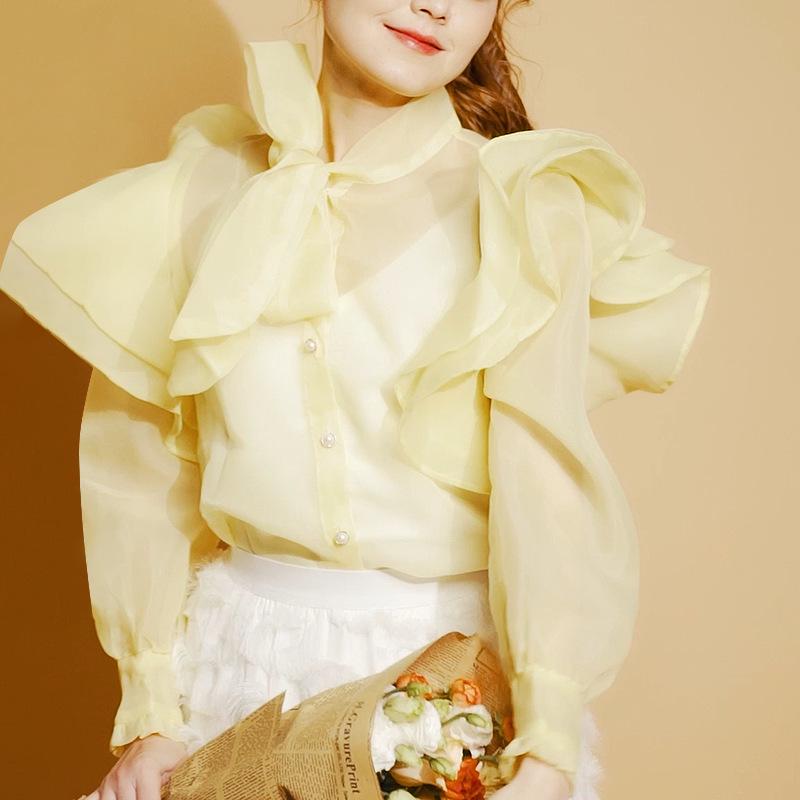 2025 Autumn Sweet Bow Tie Ruffle Mesh Blouse for Women
