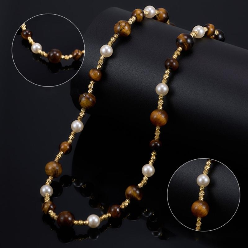 Natural Tigers Eye Stone And Pearls Beaded Necklace Handcrafted Sturdy Hand strung Beaded Necklace For Elegant Occasions