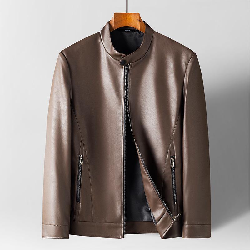 Новый год кожаная куртка мужская воротник стойка тонкая стираная искусственная кожа — фото 2