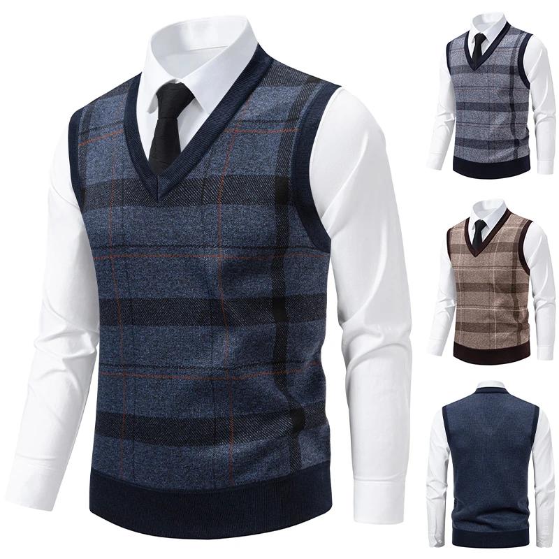 Men's V-neck Knitted Sweater Warm Autumn Winter Diamond Grid Twisted Flower Casual Fashion Versatile Knit Top