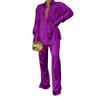 Women's Satin 2-Piece Set, Shirt Collar Long Sleeve Top with Loose Straight Leg Pants, Casual Solid Color Outfit