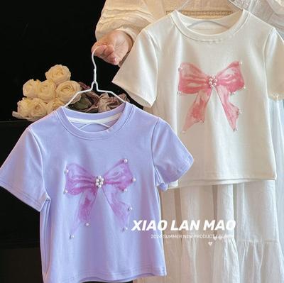 Girls Summer Bow Short-sleeved T-shirt Loose Middle-aged Children's All-match Fashionable Tops
